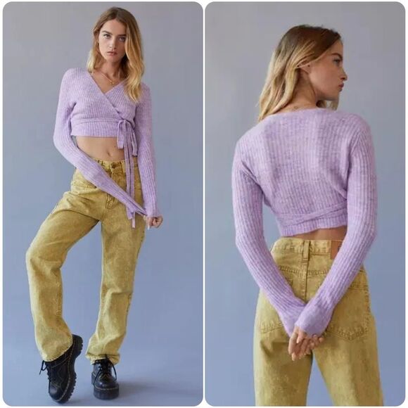 Urban Outfitters Bibi Ribbed Knit Cropped Wrap Sweater in Lilac | Large - Picture 1 of 8